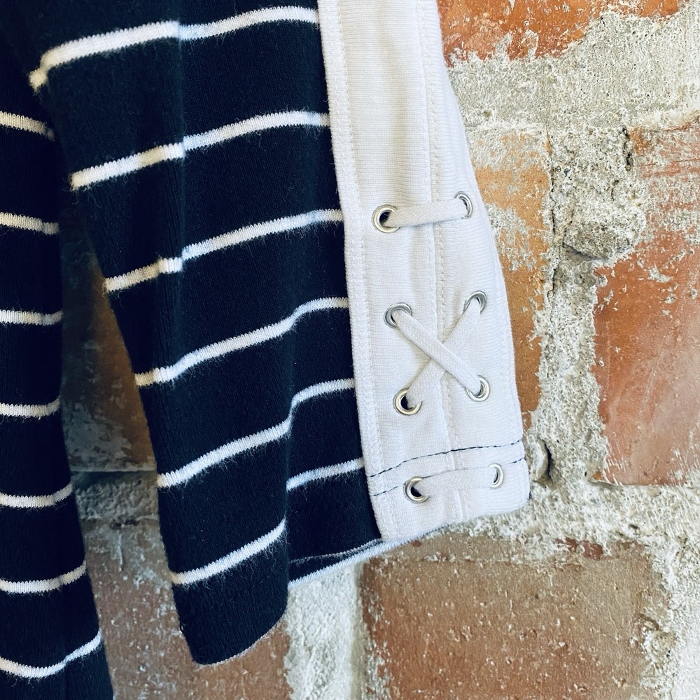 Chaps Boat Neck M Black White Stripe Lace Up 3/4 Sleeve Nautical Coastal Preppy - Picture 7 of 13